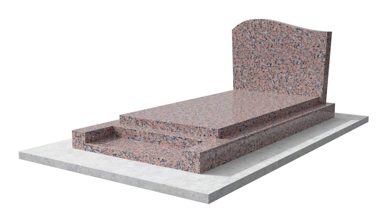 Image 3D d'un pierre tombale classique en granit rose Porrino avec une stèle doucine et un soubassement 5 pièces avec prie-Dieu, 100cm x 200cm