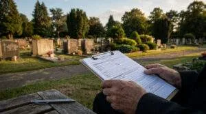 Accueil Pierres Tombales 33 autorisation travaux cimetière Personne tenant un formulaire administratif sur un presse-papier dans un cimetière ensoleillé.