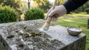 Accueil Pierres Tombales 36 Une main gantée applique une pâte de bicarbonate sur une pierre tombale couverte de mousse avec un pinceau.