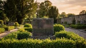 Accueil Pierres Tombales 37 Une pierre tombale vierge en pierre sombre entourée de buissons verts dans un cimetière paisible au crépuscule.