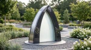Accueil Pierres Tombales 36 Pierre tombale contemporaine en granit noir avec un panneau central translucide située dans un jardin paysager.