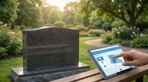 Une personne utilise une tablette tactile pour concevoir une pierre tombale en 3D dans un parc verdoyant.