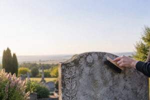 Une main nettoie une pierre tombale ancienne avec une brosse dans un cimetière au coucher du soleil.