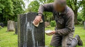 Accueil Pierres Tombales 36 Un professionnel nettoie une pierre tombale en granit avec un chiffon et une poudre nettoyante dans un cimetière.