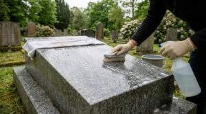 Accueil Pierres Tombales 34 Une personne nettoie une pierre tombale en granit dans un cimetière avec une brosse, un spray et un chiffon.