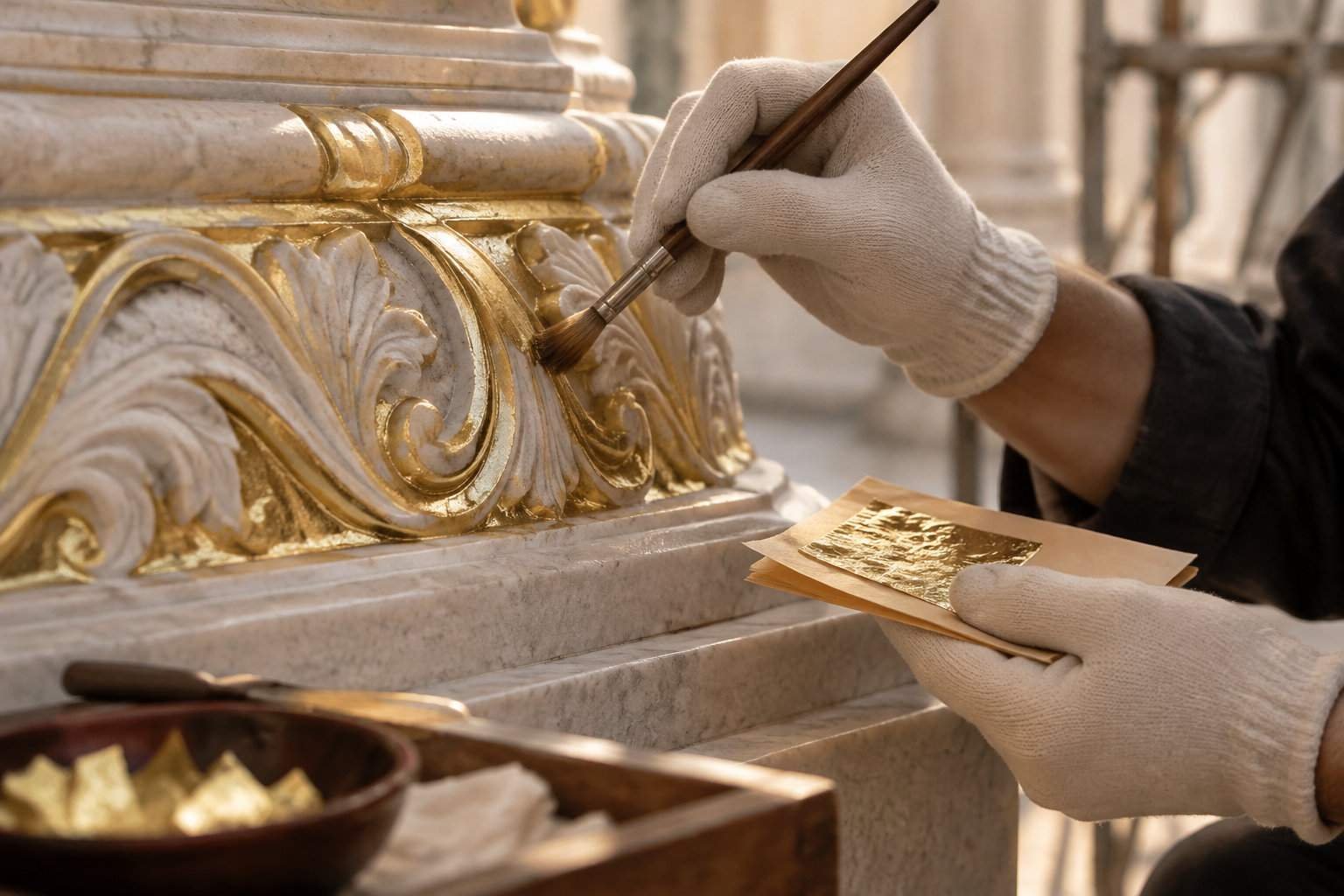 Une personne gantée applique de la dorure au pinceau sur un décor sculpté en pierre.