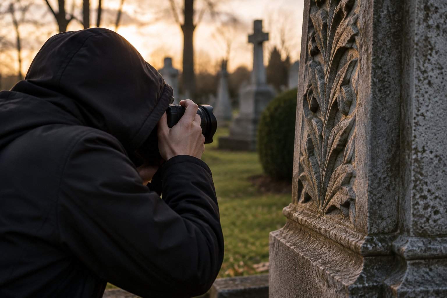 Une personne en manteau noir photographie un monument funéraire sculpté dans un cimetière au crépuscule.