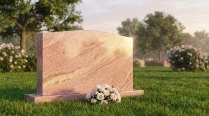 Pierre tombale en granit rose poli avec un bouquet de roses dans un cimetière paisible au soleil couchant.