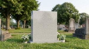 Accueil Pierres Tombales 33 Pierre tombale grise vierge dans un cimetière verdoyant avec des fleurs en pot au pied.
