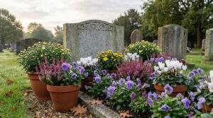 Accueil Pierres Tombales 35 Pots de fleurs automnales, chrysanthèmes et cyclamens, disposés devant une pierre tombale dans un cimetière.