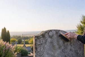 Accueil Pierres Tombales 32 Une main nettoie une pierre tombale ancienne avec une brosse dans un cimetière au coucher du soleil.